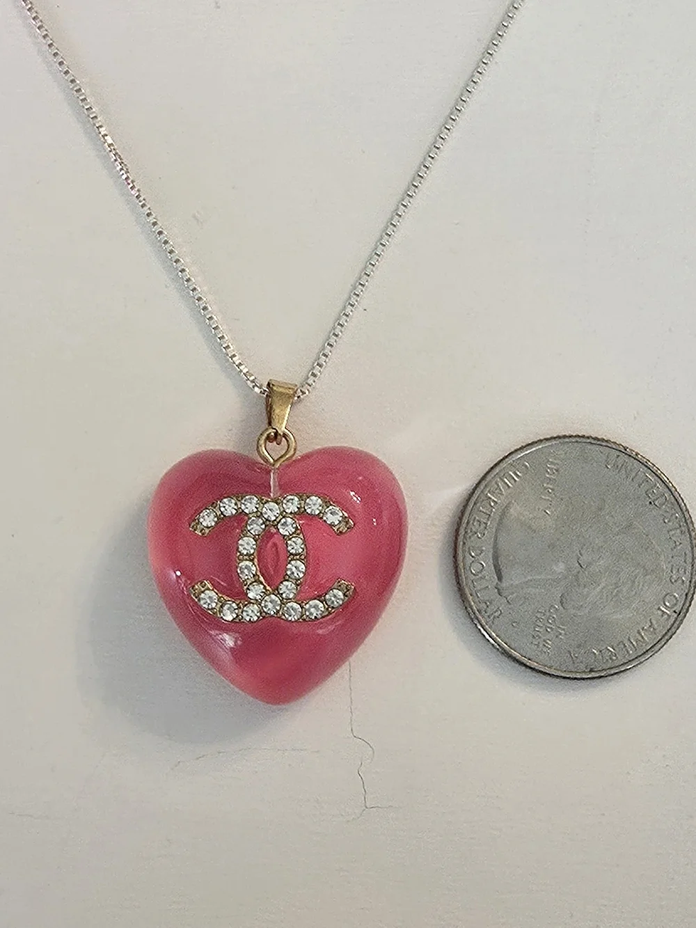 Upcycled Chanel Pink Heart Zipper Pull Necklace | Sterling Silver Box Chain